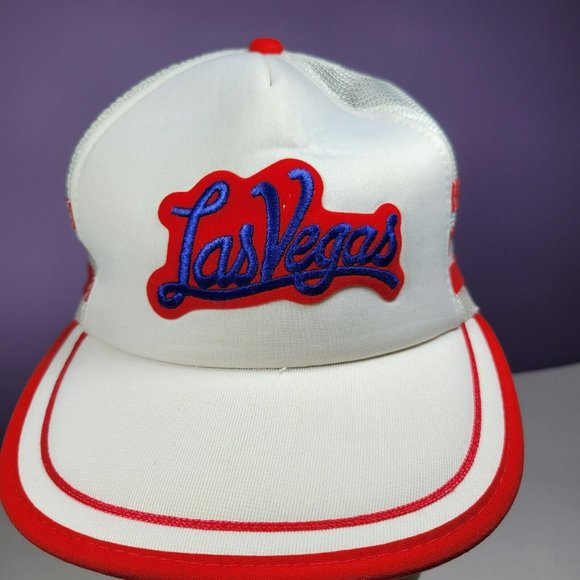 Vintage YoungAn LAS VEGAS Snap Back Mesh Trucker Hat Cap 3-Stripe White / Red - Picture 2 of 10